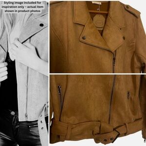 NWT Faux Suede Camel Moto Jacket Zip Belted Biker Style Epaulet Stretch Women L